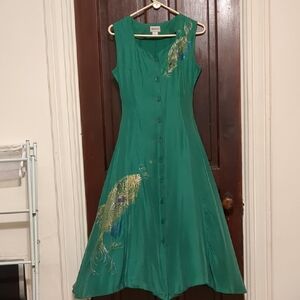 Intro. Green Midi Dress with Peacock Embroidery